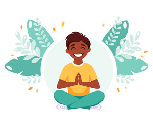 Indian boy meditating in lotus pose. Gymnastic, yoga and meditation for children. Vector illustration