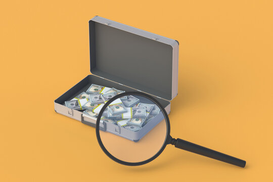 An open suitcase with lot of banknotes next to magnifying glass. Search for investments. Financial audit. Economic Education. Checking the banking system. Reinvestment analysis. 3d render