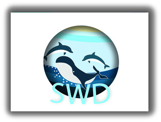 Sea whales and dolphins. World whales and dolphins day, july 23. Paper card, vector illustration.