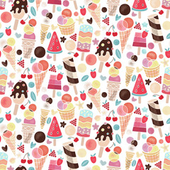 Pattern of tasty sweet food. Summer party. Flat Vector illustration of healthy food Ice cream in a waffle cup, popsicles, fruit ice, truck with berries, chocolate. Wallpaper decor