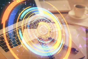 Double exposure of technology theme drawing and desktop with coffee and items on table background. Concept of high tech.