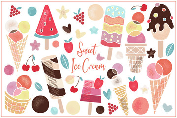 Set of tasty sweet food. Summer party. Flat Vector illustration of healthy food Ice cream in a waffle cup, popsicles, fruit ice, truck with berries, chocolate. Isolated design on white background.