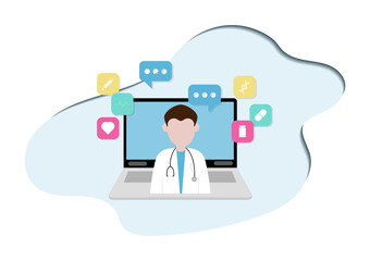 Telemedicine and health care concept. Doctor and stethoscope on the screen of laptop on blue background with popup icon of medicine, injection, vaccine, and heart. Online medical at home.