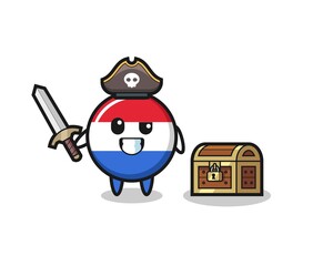 the netherlands flag badge pirate character holding sword beside a treasure box