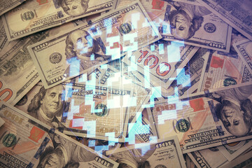 Double exposure of data theme drawing over us dollars bill background. Technology concept.