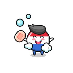 netherlands flag badge character is bathing while holding soap