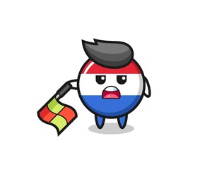 netherlands flag badge character as line judge hold the flag down at a 45 degree angle