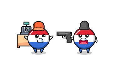 illustration of the cute netherlands flag badge as a cashier is pointed a gun by a robber