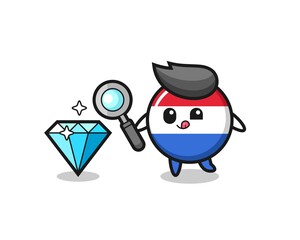 netherlands flag badge mascot is checking the authenticity of a diamond