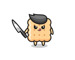 cute cracker mascot as a psychopath holding a knife