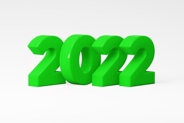 Inscription 2022. Volumetric green plastic numbers on a white background. 3d render.
