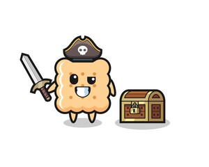 the cracker pirate character holding sword beside a treasure box