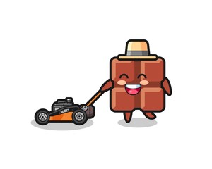 illustration of the chocolate bar character using lawn mower