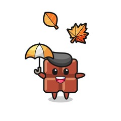 cartoon of the cute chocolate bar holding an umbrella in autumn