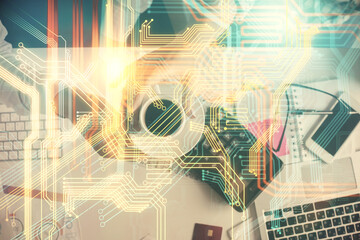 Double exposure of man and woman working together and world map hologram drawing. international network concept. Computer background. Top View.