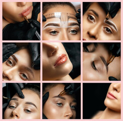 Kit of permanent makeup photos: cosmetician applying permanent ink - obrazy, fototapety, plakaty