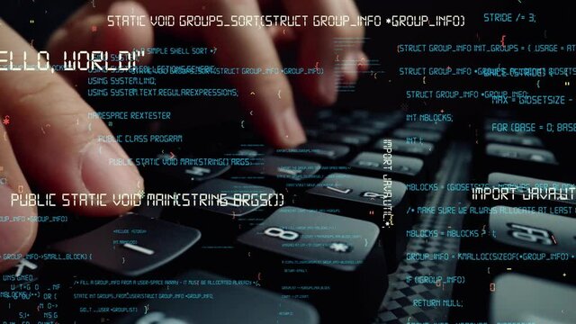 Creative visual of computer programming coding and software development shown by man working on computer keyboard with overlay of computer graphic displaying abstract program codes and computer script