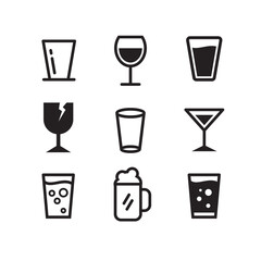 Set of Simple Flat Glass Icon Illustration Design, Silhouette Glass Symbol Collection Template Vector