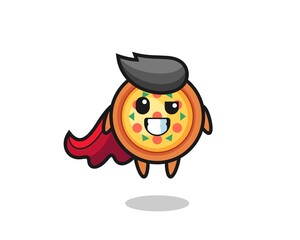 the cute pizza character as a flying superhero