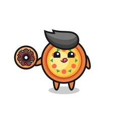 illustration of an pizza character eating a doughnut