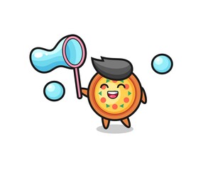 happy pizza cartoon playing soap bubble