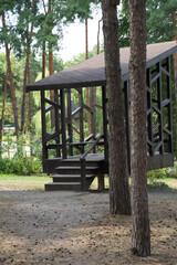 Fototapeta na wymiar wooden gazebo in a pine forest