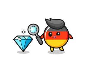 germany flag badge mascot is checking the authenticity of a diamond
