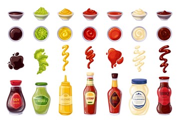 Sauces bottle and bowls, soy sauce, ketchup, mayonnaise, wasabi, hot chili, mustard, bbq, splash strips, drops and spots. Vector illustration. - obrazy, fototapety, plakaty