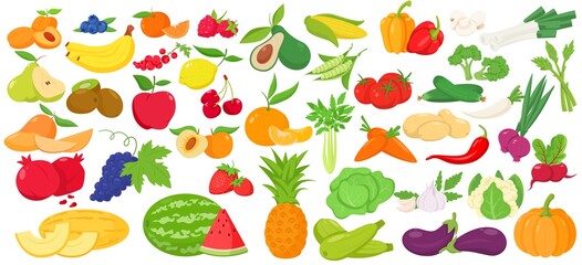 Fruit and vegetables icon set. Color vector illustration of apple, banana, avocado, pomegranate, raspberry, mandarin, pineapple, cucumber. garlic, mango, strawberry, parsley, tomato, potato and ets