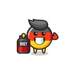 the muscular germany flag badge character is holding a protein supplement