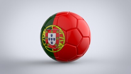 Obraz premium UEFA Euro championship 2020 football tournament realistic soccer game ball with national flag of Portugal isolated on solid white background 3d rendering image