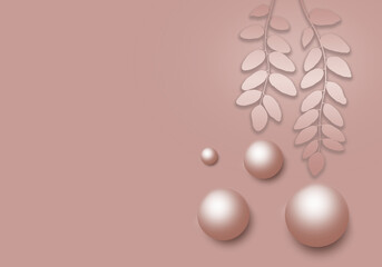 Abstract composition of spheres and plants in shades of creamy beige for the background of presentations, 3d rendering
