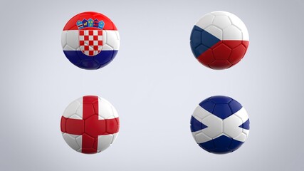 UEFA Euro championship 2020 football tournament realistic soccer game balls with national flags of group D teams isolated on solid white background 3d rendering image