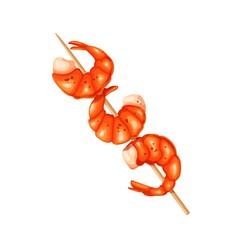 Grilled shrimp on a skewer, roasted prawn colored vector illustration