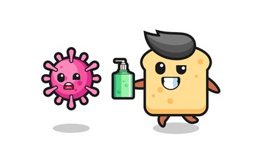 illustration of bread character chasing evil virus with hand sanitizer