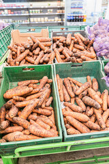 Carrots of new harvest are sold at the grocery store