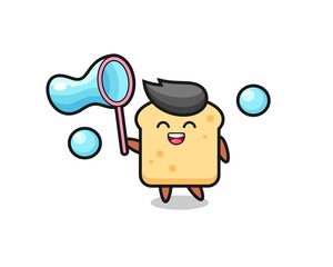 happy bread cartoon playing soap bubble
