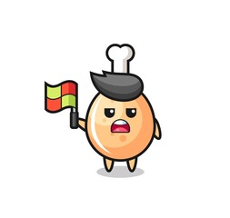 fried chicken character as line judge putting the flag up
