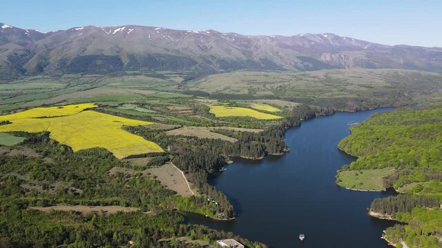 Aerial view of Dushantsi Reservoir, Sredna Gora Mountain, Sofia Region, Bulgaria