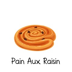 Pain aux raisin, sweet bun roll icon. French bakery product colored vector illustration.