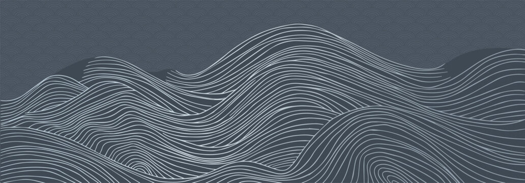 abstract japanese style landscapes lined waves in blue and silver colours