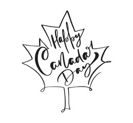 Happy Canada Day 1th of July card or background with Maple leaf. Vector Canadian greeting card. Festive poster or banner with hand lettering. Flat design illustration