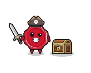 the sealing wax pirate character holding sword beside a treasure box