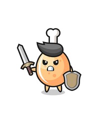 cute fried chicken soldier fighting with sword and shield