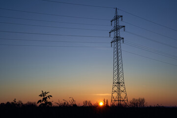 Single Electricity pylon (Strommasten) also overhead line pylon on the field. The sun sets on a clear evening sky. Silhouettes from crop plants.