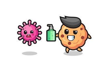 illustration of chocolate chip cookie character chasing evil virus with hand sanitizer