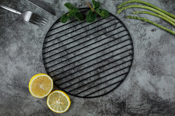 Food background with meat grill free space for steak and text. top view.