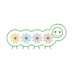 Simple geometric caterpillar pattern with colored daisies. Flower rainbow. Cartoon summer baby illustaration. Hand-drawn vector. Stylized icon, fantasy. For coloring pages, schoolbook, preschool.