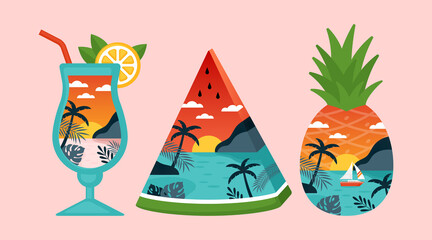 Tropical beach landscape with palm trees in pineapple, cocktail drink and watermelon. Tropical summer creative concept.