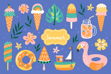 Summer holidays cute element set. Childish print for card, stickers, party invitations and apparel